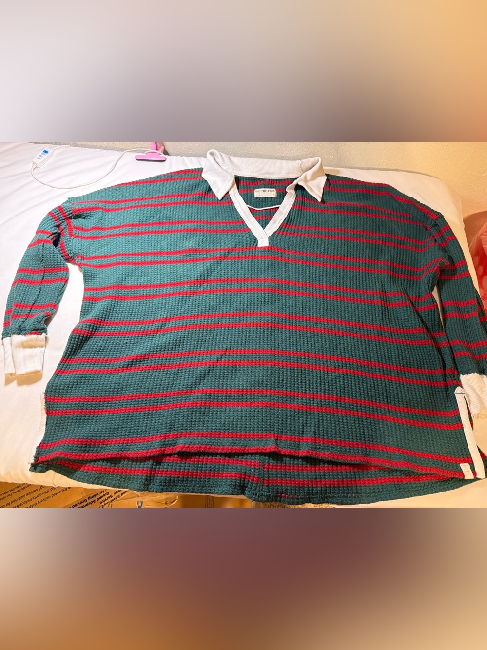 We The Free Green and Red Striped V‑Neck Rugby Sweater with White Collar